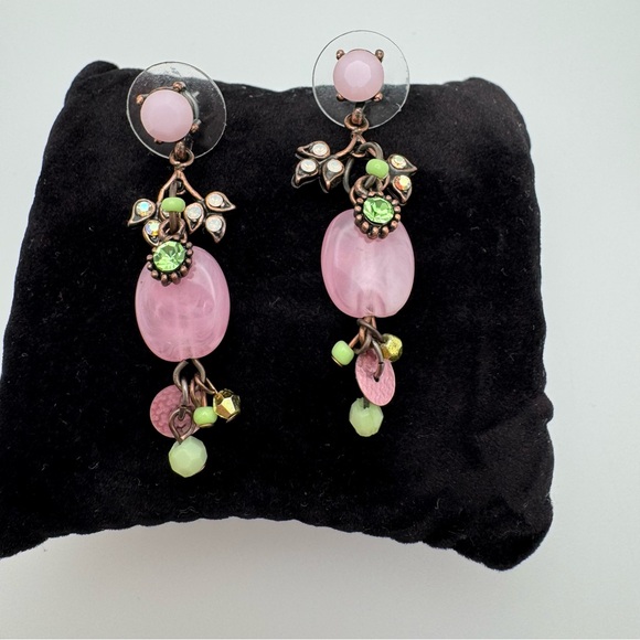 Anthropologie Jewelry - Anthropologie Pink Floral Crystal Drop Earrings Mint Green Statement
